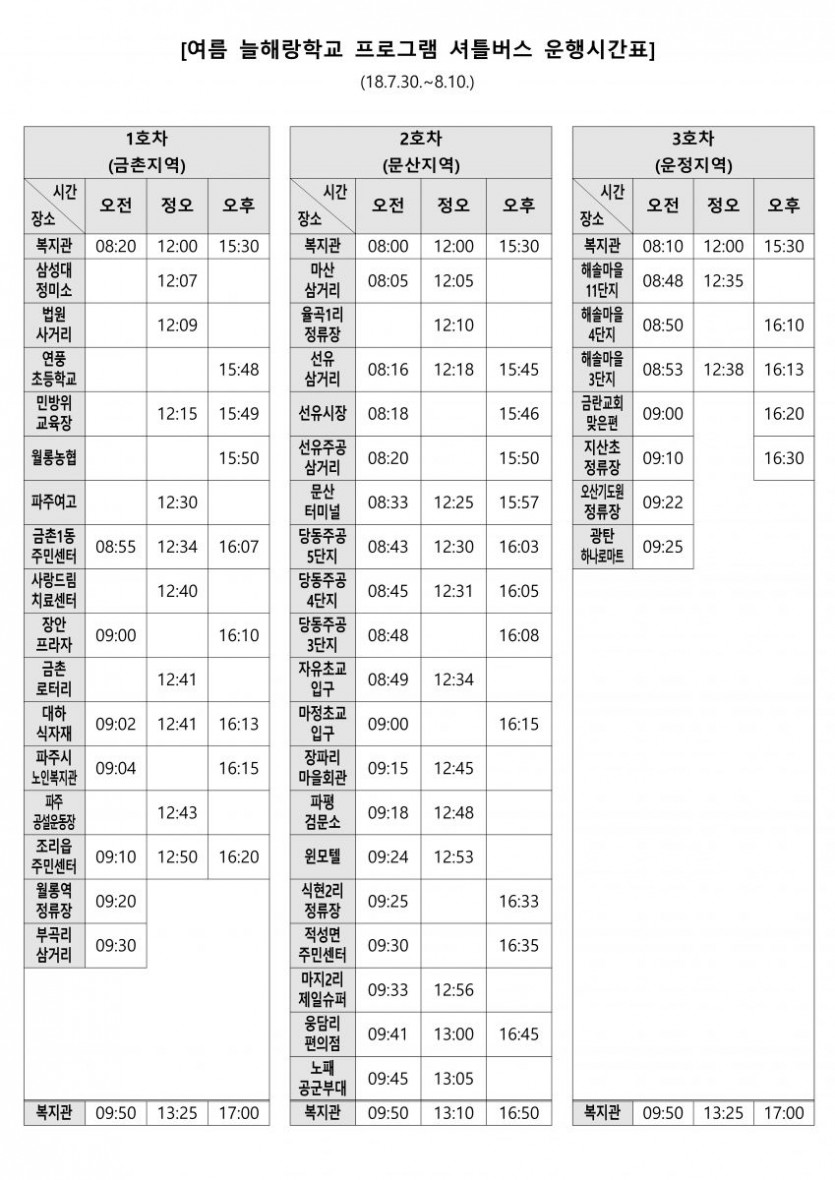 여름 늘해랑학교 셔틀버스 노선 변경시간은 아래의 표와 같다.