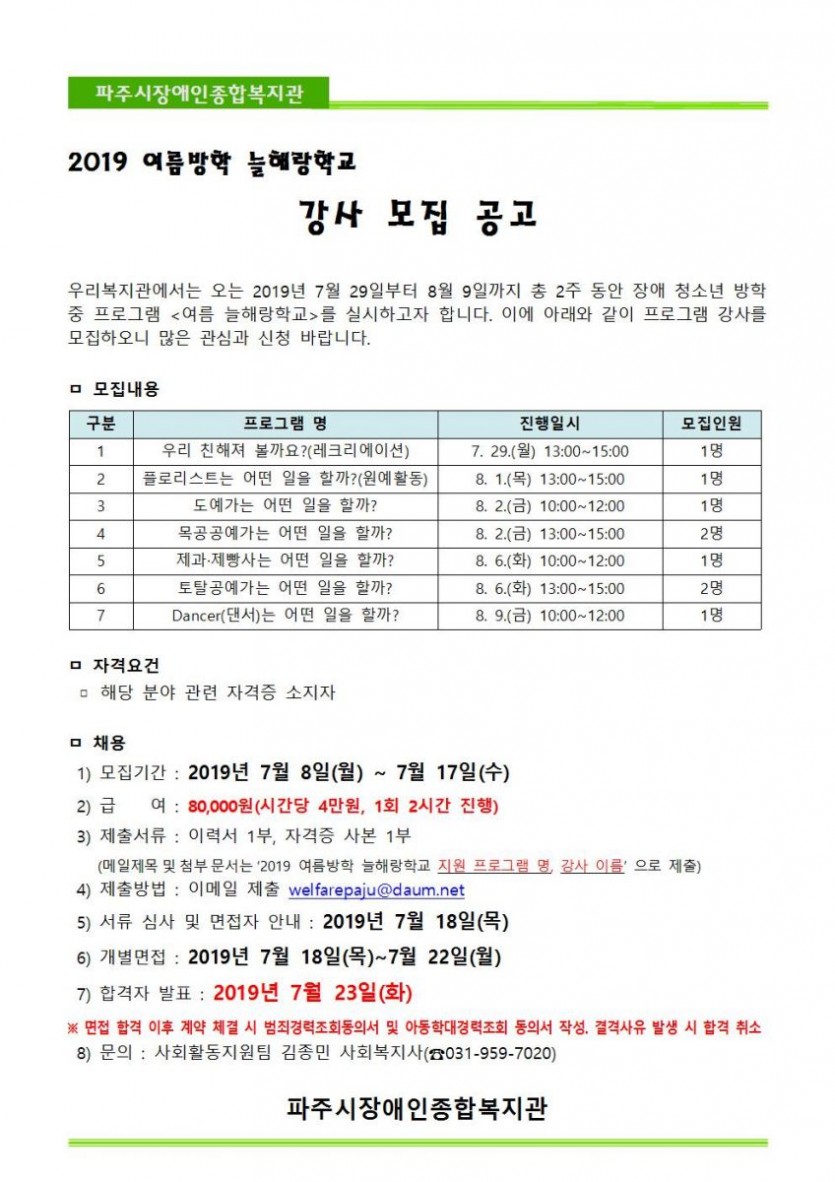 여름방학늘해랑학교 프로그램 강사를 모집합니다. 활동기간은 7월 29일(월요일)부터 8월 9일(금요일)까지 총 10일이며, 프로그램은 레크리에이션과 원예활동, 도예, 목공, 제과제빵, 토탈공예, 댄스 부문입니다. 프로그램은 2시간으로 진행되며, 이에 대한 시급은 시간당 4만원, 2시간 진행 8만원입니다. 접수기간은 7월 8일(월요일)부터 7월 17일(수요일)까지이며, 이력서와 자기소개서를 적어 이메일(welfarepaju@daum.net)로 발송해주시면 됩니다. 기타문의사항은 김종민 사회복지사(031-959-7020)에게 연락 부탁드립니다.